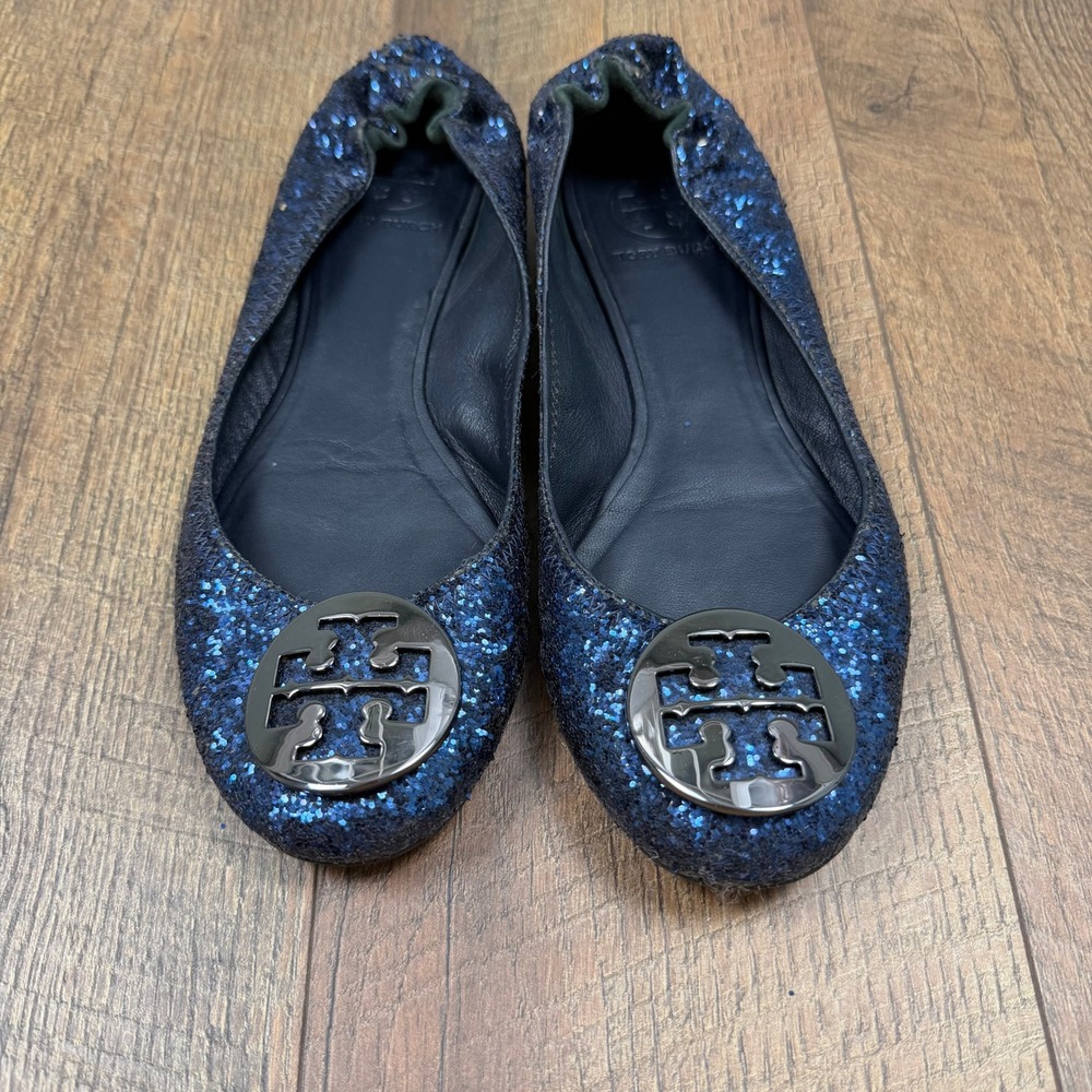 Tory Burch Reva Ballet Flats Women 8M Navy Blue Glitter